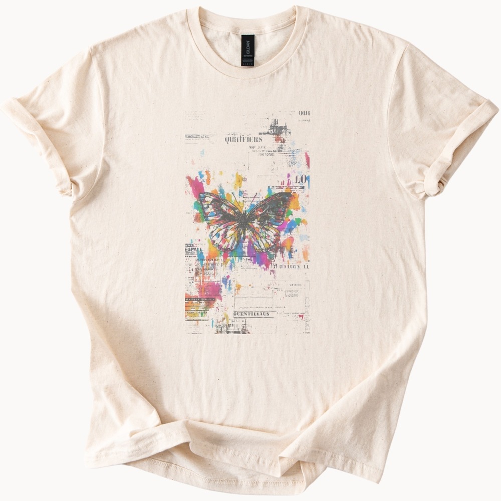 Butterfly Mixed Media Graphic Tee Colorful Paint Splatter Art